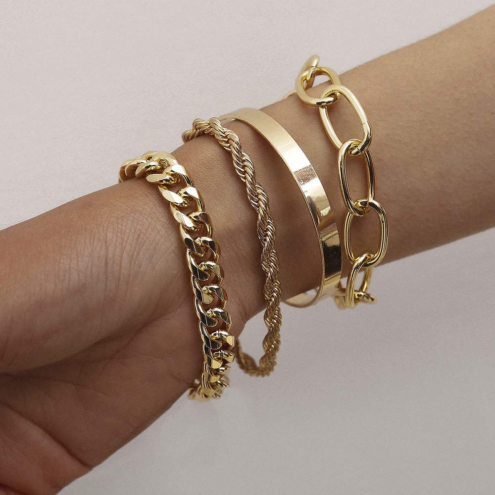230816034209111_1 fxmimior Dainty Boho Gold Silver Chain Bracelets Set for Women Adjustable Fashion Beaded Chunky Flat Cable Chain Punk Bracelets Jewelry for Women Girls Gift Set of 4 (Silver) - Image 1